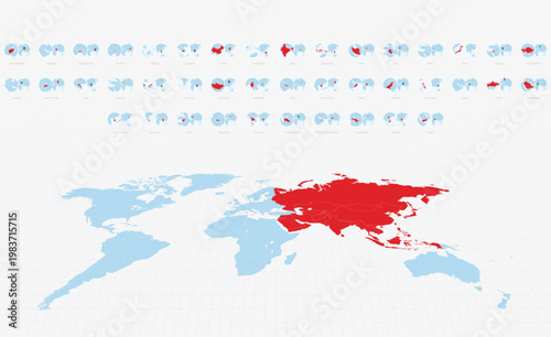 Globe Icons of Asian Countries arranged alphabetically and set against a world map with Asia highlighted in red.