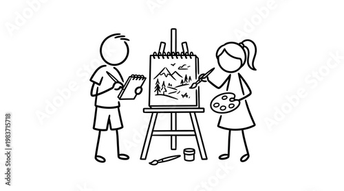 Artists Painting Landscape Scene Together Black and White