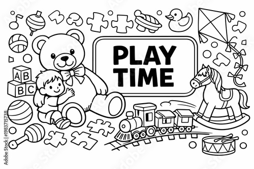 Children Toy Collection. Clean outline line art banner of playful kids toys with child beside oversized teddy bear and toy train, kite and rocking horse