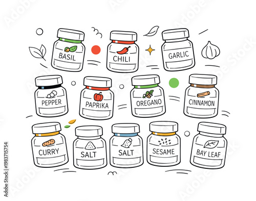 Spice rack. Neatly arranged spice jars floating in a tidy grid, subtle labels and icons hinting at flavors, light motion suggesting easy access. Clean kitchen