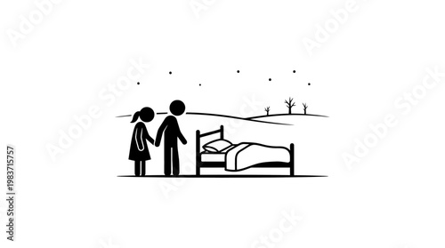 Couple Standing Beside a Bed in a Barren Landscape