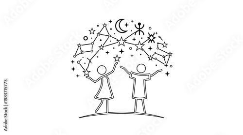 Children Gazing at the Constellations Under the Night Sky