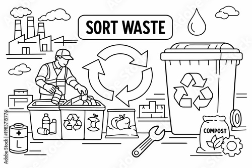 Waste Management Cycle. Line icon set of waste management and recycling: recycling bin, circular arrows, trash bag, compost pile, battery waste, paper stack,