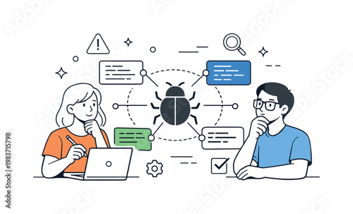 Debugging process. A focused moment of analyzing code blocks connected with lines, bug icon in the center, thoughtful and systematic work mood. Minimalist flat