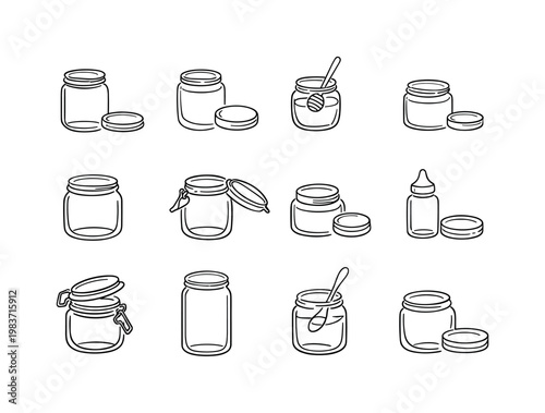Kitchen Jar and Lid Variations. Minimalistic set one-line drawing mason jar open, jam jar with lid off, honey jar with dipper, spice jar open top, pickle jar
