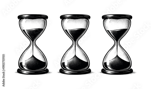 Hourglass side view ? An hourglass presented as one object in three side-oriented views, emphasizing glass thickness, curvature profile, and vertical