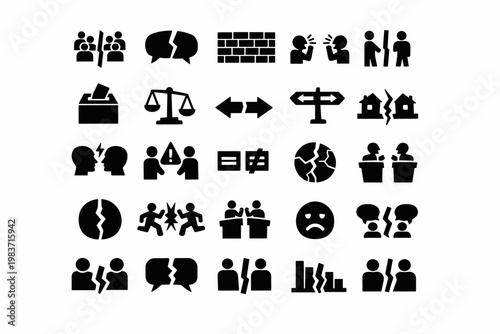 Social Polarization Divide. Solid glyph icon set of social polarization conflict separation: split group, broken speech bubble, barrier, arguing people,