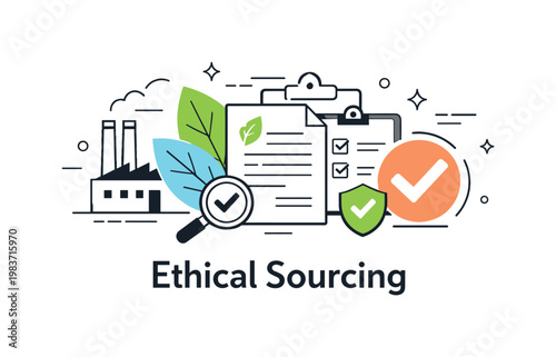 Ethical sourcing concept. An abstract editorial composition combining leaves, factory icons, documents, and verification symbols in a clean layout. The