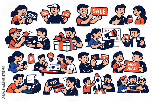 Discount Shopping Series flat vector digital illustration, doodle flat, thick outline, expressive characters, simple shapes, playful proportions, exaggerated