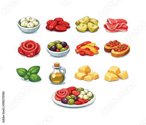 Antipasto platter. Colorful flat vector icons set of antipasto platter: marinated mozzarella, sun dried tomatoes, artichoke hearts, prosciutto slices, salami
