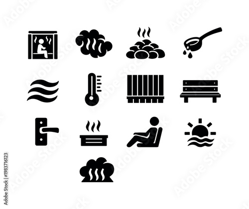 Steam Bath. Solid icon set of Steam Bath: steam chamber, vapor clouds, heated stones, water ladle pour, humidity waves, thermometer gauge, wooden walls, bench