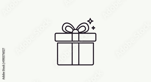 A charming line art gift box icon with a festive bow and sparkling accents, symbolizing surprise, celebration, or a special reward concept for web and print designs