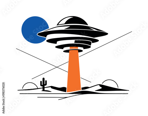 Fragmented black-and-white UFO split into layered cut-out segments hovering above minimal desert line art, large deep blue circle floating like a second