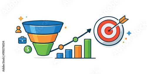 Sales manager funnel diagram visualized as strategic performance overview, with a clean funnel shape paired with a target symbol and trend line suggesting
