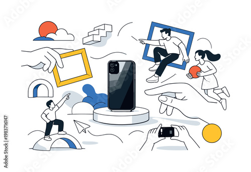 Dreamlike brand campaign. A modern product reveal happens in a surreal space where giant hands, floating frames, and impossible shadows turn a simple promo