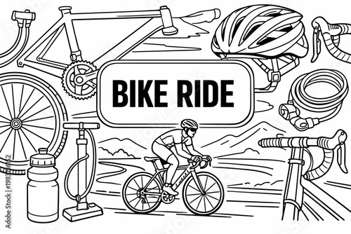Cycling Sport Essentials. Clean outline line art banner scene of a cyclist on the road, oversized bicycle frame and helmet as the main objects, water bottle,