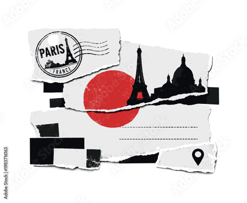 Realistic black and white torn postcard fragments layered in ephemera style, visible Paris stamp imprint and partial landmark silhouette, large faded red
