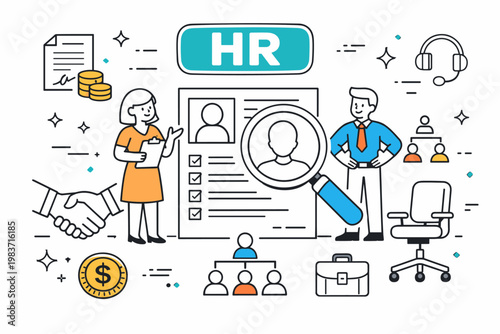 Human Resources Outline Icons. HR and recruitment editorial banner with geometric characters beside an oversized resume and large magnifier profile across the