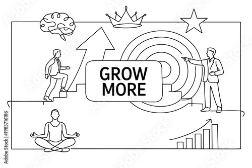 Personal Growth Series. Clean one-line drawing composition with an oversized upward arrow and large target stretching edge to edge, one business person