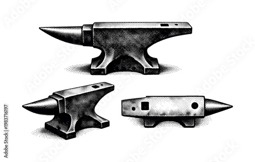 Stake anvils, slender stake anvil with an elongated working head and tapered mounting shaft, shown as the same object in profile, three-quarter angle, and