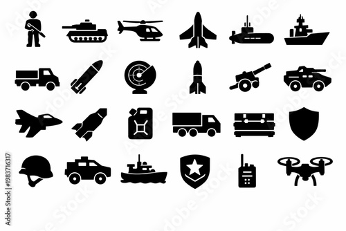 Army Defense Forces. Solid glyph icon set of army military defense vehicles equipment: soldier, tank, helicopter, jet, submarine, warship, armored truck,