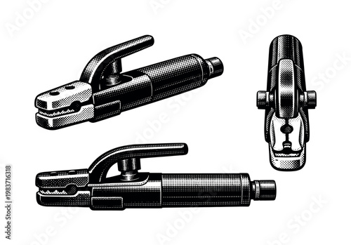 Electrode holder A welding electrode holder depicted as a single object in three angles showing clamping jaws, insulated handle, and cable connection with