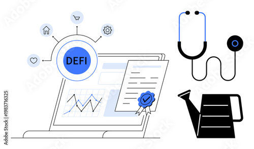 Finance, technology, healthcare, growth, certification, data analysis. Visual of a laptop with DeFi concept bubble, stethoscope growth chart and watering can. Finance and technology concept