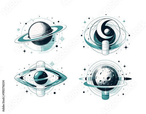Orbital symbols, mixed with geometric halos, minimal linework, cylindrical forms, and scattered abstract shapes, monochrome cosmic objects with a clean layered