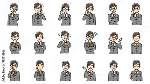 a businessman showing various emotions and expressions from problem solving to confident communication for diverse corporate professional scenarios.