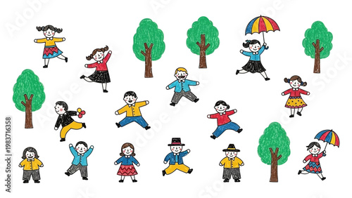 cheerful cartoon children and adults playing happily outdoors among green trees perfect for illustrating childhood joy and playful activities