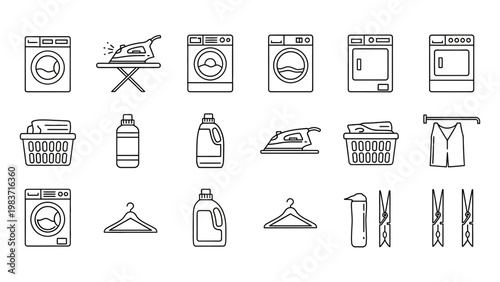 laundry icons set depicting washing machines dryer ironing board with iron detergent bottles and baskets for household cleaning tasks.