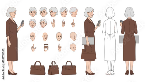 senior professional woman businesswoman holding smartphone for an active senior corporate business lifestyle character set