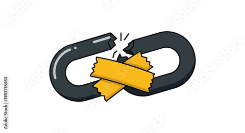 a broken link icon with yellow tape symbolizing a temporary fix connection issue or website error illustration.