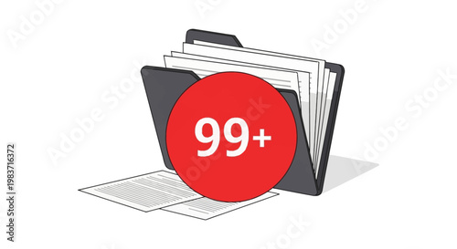 a folder filled with documents and a red 99 notification representing an overwhelming workload administrative burden and unread tasks.