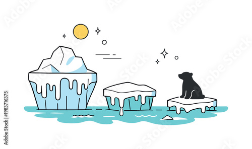 Melting polar ice. A clean polar scene with simplified icebergs, a small polar animal silhouette, and dripping shapes that suggest gradual loss. The mood is