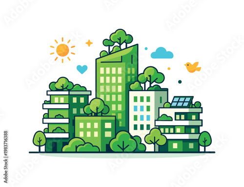 Green city buildings rising from a compact urban block with trees integrated into rooftops and balconies, expressing sustainable architecture and modern