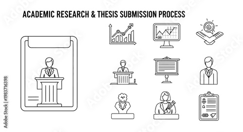 academic research and thesis submission process illustrated with modern line icons ideal for university student education and learning.