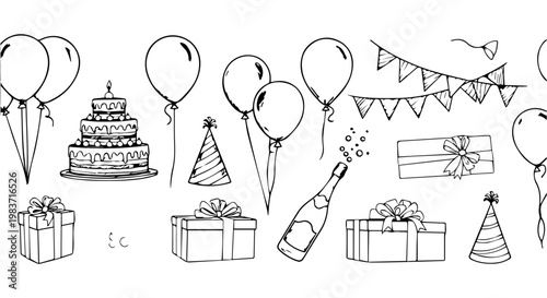 black and white hand drawn illustration of party elements like cake balloons gifts and champagne