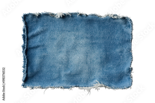 Blue denim fabric ragged patch with frayed edges, revealing textile texture and ripped fashion style, isolated on transparent background