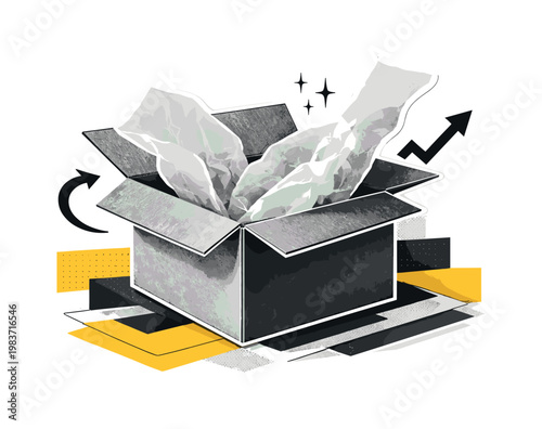 Black and white close-up of an open box with tissue paper lifting upward, realistic retro cut-out collage effect with white contour, abstract blocks, arrows