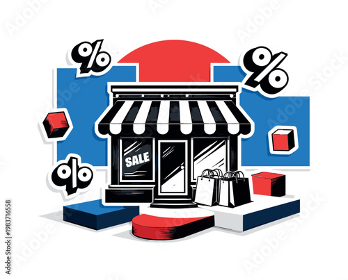 Retro black and white storefront bag silhouette centered in composition, oversized red circle intersected by blue rectangular panels, floating percentage signs