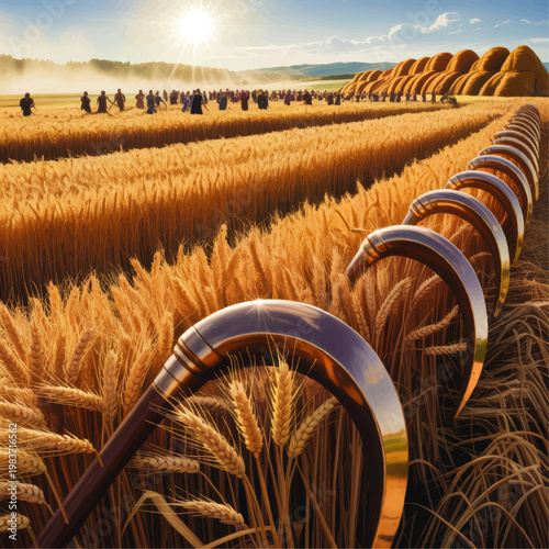 Golden Wheat Harvest Landscape with Sickles, Farm Workers, Haystacks and Bright Summer Sun in Rustic Rural Countryside