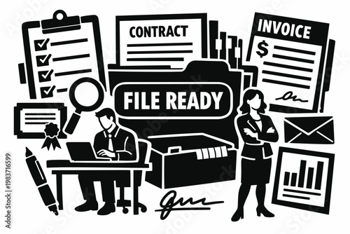 Office Document Paperwork Flow. Clean solid/filled composition with clerk and manager beside oversized contract document and giant folder archive, large