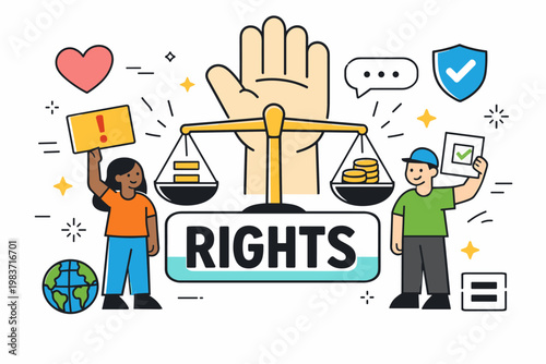 Social Issues Rights Icons. Social justice editorial banner with geometric characters beside an oversized balance scale and large raised hand across the full