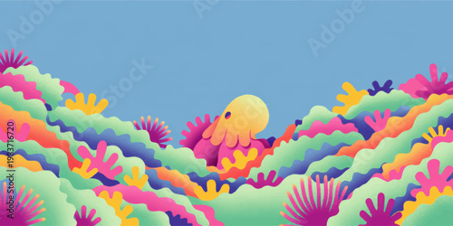 Cute Octopus in Colorful Coral Reef Underwater Scene, Whimsical Ocean Illustration with Blue Copy Space Background