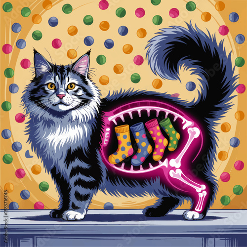 Colorful surreal cat anatomy illustration with xray bones and tiny socks inside body, whimsical veterinary pop art pet graphic