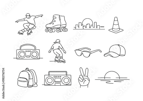 Urban Roller Crew Street Vibes. Minimalistic set one-line drawing [skater doing spin trick, roller skates close-up, city skyline, street cone, portable