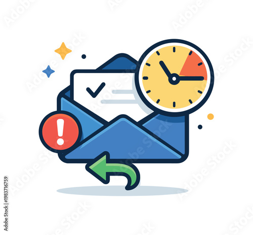 Email send regret shown through a sent message paired with a clock and exclamation mark, symbolizing irreversible timing pressure and the wish to undo a
