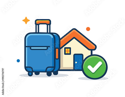 Expat lifestyle planning centered on intentional relocation and long-term comfort, illustrated by a suitcase paired with a house icon and a calm checkmark
