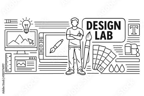Graphic Design Studio. Clean outline line art banner of creative graphic design with designer beside oversized tablet and paintbrush, color palette and monitor